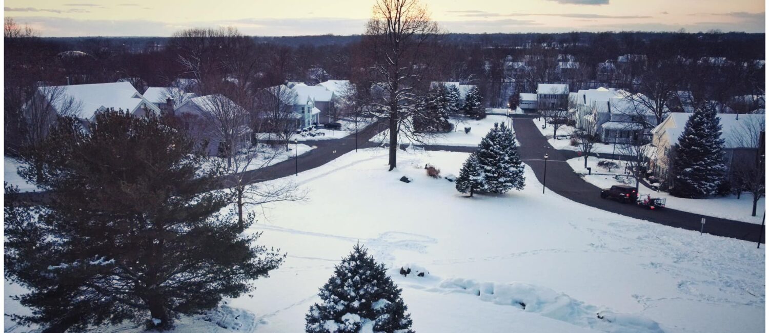 overhead picture of Lexington Green in winter