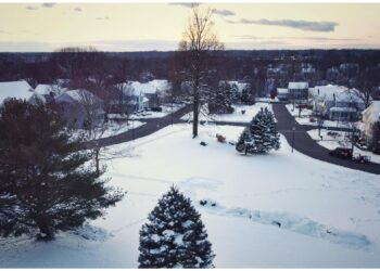 overhead picture of Lexington Green in winter