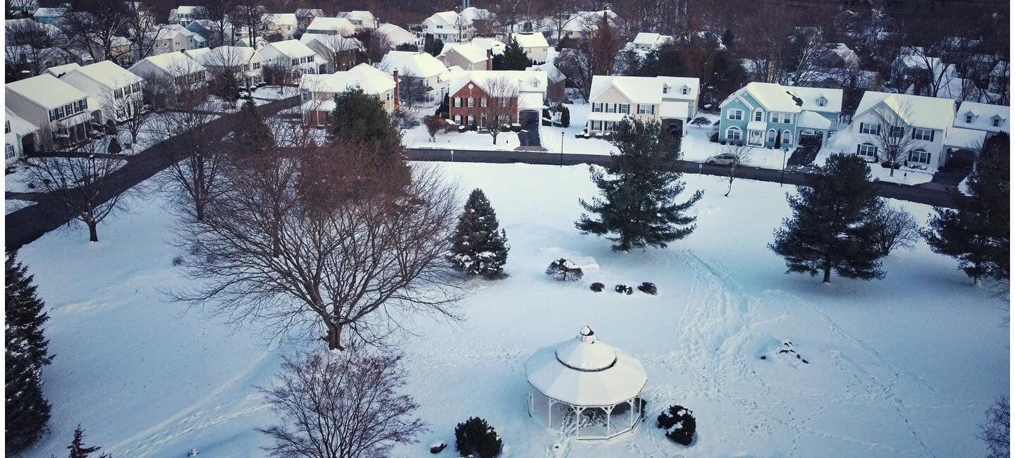 overhead picture of Lexington Green in winter